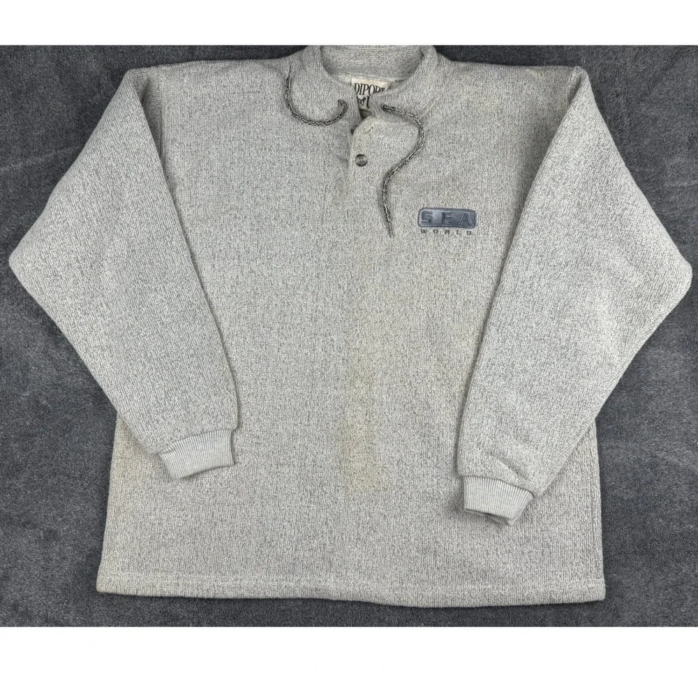 Vintage Diport‎ USA Sea World Henley Pullover Gray Textured Knit Mens Medium